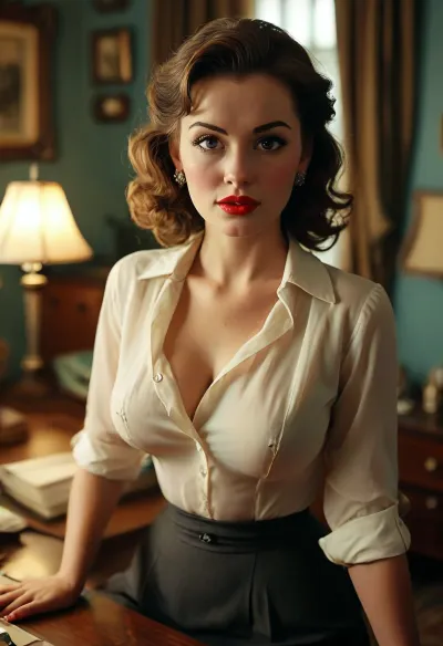 In an executive officer in 1952 a breathtakingly sexy secretary leans over her boss’s desk with smoldering eyes while displaying magnificent cleavage and a naughty smile as she begins her seduction, angle from above, cleavage, large natural breasts, partially unbuttoned shirt, heavy makeup, freckles, beautiful expressive eyes, seduction, retro 1950s hair and makeup and clothes and decor, masterpiece, key visual, incredibly detailed, rank_9, <lora:MJ52:.8>