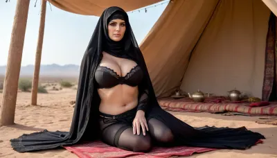 3 oriental lace burqa clad mature curvy women with big breasts, women with very long black hair sitting in the desert under an oriental tent on an oriental tepee enjoying mint tea Dark Fantasy Art of, a female assassin in a black burka covering her face, burka style, blue eyes, massive breasts, detailed relief breasts, dark, atmospheric, dark fantasy style, burka, black lace bra, perfect figure, garter belt as knife holder, desert landscape, wide pelvis, big tits, beautiful long legs, ohwx, woman, full view, posing, <lora:SDXL_GigaTits:.4>