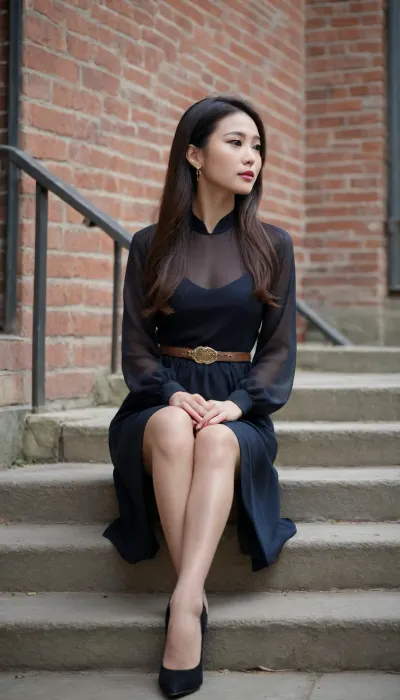 In the picture, a Chinese woman with long hair sits elegantly on the stone steps outside. She wears a long-sleeved dress with a belt around her waist, which makes her figure more slender. Her long hair falls naturally, adding a touch of femininity. She holds her chin with her right hand and touches her calf with her left hand, with an elegant and calm posture. She wears simple large earrings to add brilliance to the overall look. She wears shiny pantyhose and a pair of pointed stilettos on her feet. The delicate and slender heels show her fashion taste. The brick wall and metal railings in the background create a peaceful and serene atmosphere.