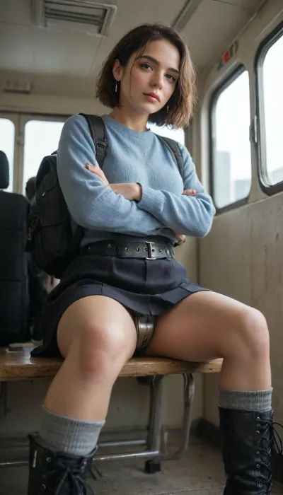 20 years old girl, short_brown_hair, wearing blue sweater, Black skirt, backpack, steel chastity belt, grey socks, black boots, sitting on a bus seat in bus, city behind windows, arms crossed on waist, chastity belt visible, head Turned right, view from below, other people sit nearby