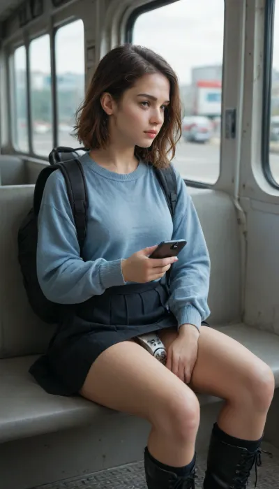 20 years old girl, short_brown_hair, wearing blue sweater, Black skirt, backpack, steel chastity belt, grey socks, black boots, sitting on a bus seat in bus, city behind windows, looking at mobile phone, Legs apart, head Turned right, front view, other people sit nearby