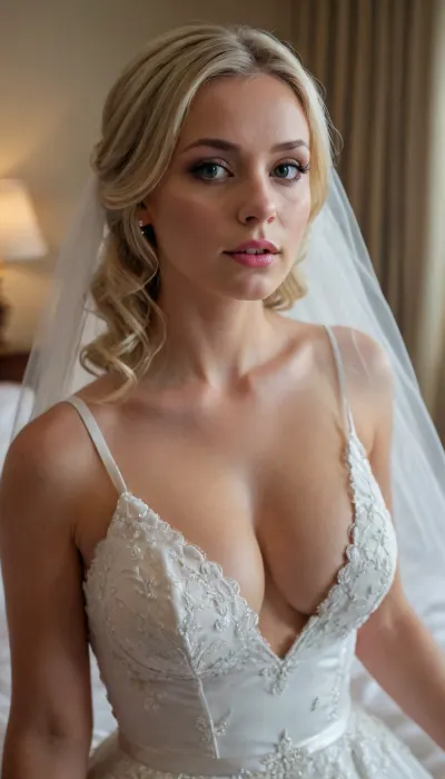 Woman, Bride, blonde, bedroom, deep decolte, big tits
