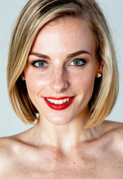 Photorealistic portrait of a cheerful middle-aged woman with a wide smile and well-aligned white teeth. She has a straight nose with a small nose piercing on the left nostril, prominent cheekbones, and expressive dark eyes with black eyeliner. Her hair is a smooth, shoulder-length bob, parted to the side, in light brown with subtle blonde highlights. She wears golden heart-shaped earrings. Bright red lipstick. Studio lighting, neutral background, realistic detail, high resolution, symmetrical facial features., mouth, opened, <lora:mouth_opened:.8>