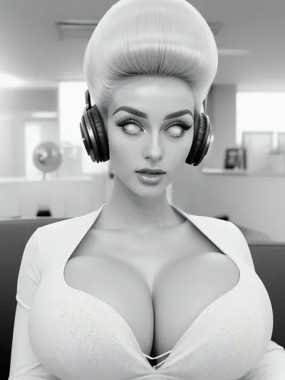 ((monochrome:1.4)), ((young english student extremely hypnotized and put under mind control to obey)), ((hypnotized secretary:1.4)), ((girl is a cute and young-looking 18 years old)), ((extremely pale white skin:1.4)), ((extremely big wide open glassy hypnotized eyes)), ((she has a blank and emotionless expression)), (she is sitting extremely upright with a straightened back while waiting for commands like a robot on standby), ((she has platinum white hair)), ((her hair is styled into an exaggerated gigantic beehive updo with an extremely gigantic bulbous bouffant and an extremely long straightened ponytail:1.4)), ((she has a very slim body despite her having gigantic breasts:1.4)), ((professional retro vintage 1960s secretary white outfit with plunging cleavage)), (sitting on a luxurious couch in a retro vintage penthouse), ((she is wearing mind-controlling headphones that are woven into her gigantic hairstyle)), shirome, fake, breasts, <lora:shirome_v09:1>, <lora:Serious_Fakes:.8>