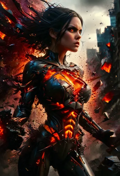 (futuristic-sci-fi image), menacingly seductive evil Supergirl, (tyrannical ruler of Earth), cascading black hair, (massive oversized gigantic insanelly huge large fake round perfect breasts), sinister yet alluring expression, (black form-fitting skimpy stell armor, big neckline cutout), commanding presence, (walking over a sprawling futuristic city), neon-lit skyline, (men in background are exploding:1.3), dark ominous clouds above, vibrant colors reflecting off buildings, (ultra-detailed), dramatic lighting, captivating atmosphere. red glowing eyes full of hate and anger, angry and violent face expression, ral-vlntxplzn, <lora:Microwaist_XL_v01:1.2>, <lora:MJ52:.8>, <lora:xl_more_art-full_v1:.5>, <lora:ral-vlntxplzn-sdxl:1.6>
