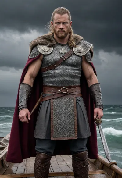 a stern Viking warrior stands on the deck of a dragonboat, his face is weathered and scars are visible, he is dressed in chain mail, leather bracers, a wolfskin cloak is draped over his shoulders, a Carolingian sword is clutched in his hands, a stormy sea in the background, a leaden-gray sky with dark clouds and lightning, the whole picture is in the style of the Dark Ages, dramatic colors, high resolution, realistic. Style