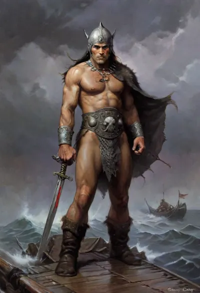 a stern Viking warrior stands on the deck of a dragonboat, his face is weathered and scars are visible, he is dressed in chain mail, leather bracers, a wolfskin cloak is draped over his shoulders, a Carolingian sword is clutched in his hands, a stormy sea in the background, a leaden-gray sky with dark clouds and lightning, the whole picture is in the style of the Dark Ages, dramatic colors, high resolution, realistic. Style, k3nk3lly, <lora:fr4z3tt4:.5>, <lora:Fantasy_art_XL_V1:.5>, <lora:k3nk3lly:.5>