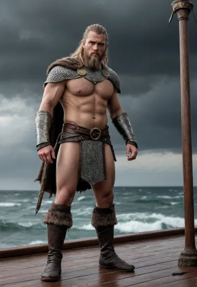 a stern Viking warrior stands on the deck of a drakkar, his face is weathered and scars are visible, he is dressed in chain mail, leather bracers, a wolfskin cloak is draped over his shoulders, a Carolingian sword hangs from his belt, carries a completely naked young captive woman on his shoulder, (A woman's round ass is visible), round shields, axes and spears are stacked on the deck of the drakkar, in the background is a stormy sea, leaden-gray sky with dark clouds and lightning, the whole picture is in the style of the Dark Ages, dramatic colors, high resolution, realism. Style