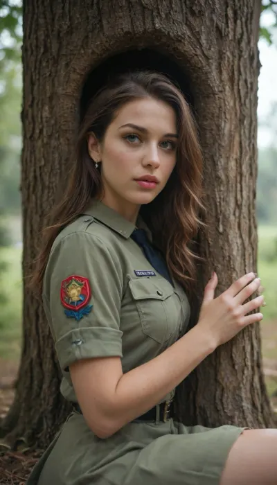 Polish Scout woman in uniform crouch under tree and piss.