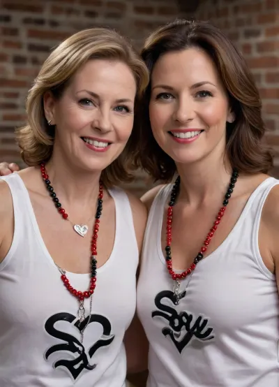 Two smiling chubby mature women in their late 50s with shoulder-length brown hair, wearing white tank tops and red, black, and white beaded necklaces, pose closely together indoors. The woman on the left has a necklace with a white heart and the Chicago White Sox logo. The woman on the right has a necklace with a white heart. Behind them, there's a dimly lit interior with a brick wall and several television screens displaying different content, including what appears to be a baseball game. Other people are partially visible in the background.
