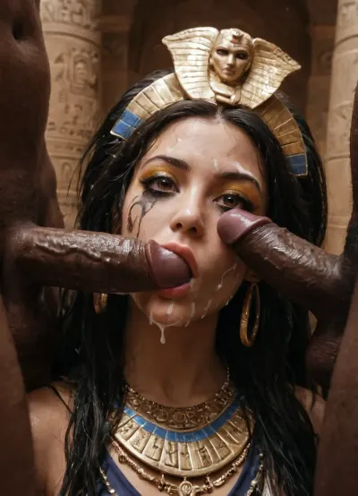 evil pale woman, bright brown eyes, heavy egyptian makeup running, dirty boobs, egyptian headdress, blowbang, deepthroat, (gold makeup:1.2), (egyptian men:1.1), (egypt tattoos:.8), (wide eyes:1.1), dark underworld scene, statues, face closeup, random angle, looking at viewer, bukkake, cum, <lora:stargateJackal-SDXL:.1>, <lora:MS_Real_XL_Bukkake:.5>, <lora:xl_more_art-full_v1:.3>