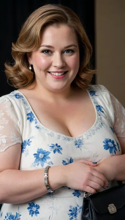 A close-up portrait of a smiling obese woman with medium-length, light brown hair. She appears to be in her late 50s or early 60s. She is wearing a white dress with a blue floral pattern. She has a silver bracelet on her left wrist and is carrying a black purse over her left shoulder. The background is solid black. The lighting is soft and even, highlighting her face. The style is photorealistic
