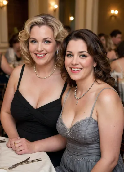 Two smiling chubby mature women in their late 50s pose closely together indoors at what appears to be an event or gathering. The woman on the left is standing slightly behind and to the side, she is obese, wearing a black off-the-shoulder spaghetti strap dress with lace detailing and a pearl necklace. Her hair is dark and styled with some curls. The woman on the right is seated and wearing a light-colored sleeveless top with vertical stripes and a low cut neckline. She is chubby. She has saggy breasts. Her hair is lighter brown with gray highlights. Both women are looking towards the camera with warm expressions. The background shows other people seated at tables, suggesting a banquet or party setting with soft lighting and decorative elements.