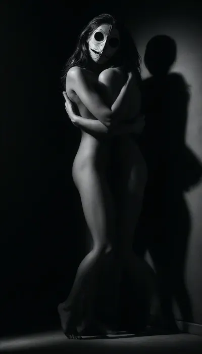 (masterpiece, best quality, photorealistic), (black and white only:2), (dramatic low lighting:1.5), (realistic skin texture:1.5), ((a beautiful nude woman levitating directly above the viewer:1.5)), ((body fully exposed, upright, arms relaxed at her sides:1.7)), ((legs slightly parted, toes pointed downward:1.6)), ((face obscured by shadow or a smooth blank mask:1.7)), skin glowing faintly against endless black, perspective from below, atmosphere silent, heavy, sacred, <lora:ral-chrosc-bw:1>, <lora:dark:.5>
