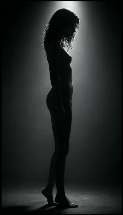 (masterpiece, best quality, photorealistic), (black and white only:2), (distant composition:1.7), (dramatic soft lighting:1.5), (realistic skin texture:1.5), a nude woman standing upright far from the viewer, ((full body visible, legs straight, arms relaxed at sides:1.7)), ((small figure framed against endless darkness:1.8)), perspective wide and centered, soft monochrome glow outlining her form, background infinite and empty, atmosphere silent, sacred, cold, <lora:ral-chrosc-bw:1>, <lora:dark:.5>