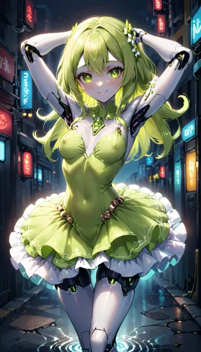 A cybernetic ballerina in a neon city, dancing ballet, On a street brightly lit by neon signs, her body is an old model, so it is clearly visible that she is a cyborg, artificial skin is too pale, almost white, because when she decided to become a cyborg, good pigments for artificial skin had not yet been invented, you can see how cables replacing nerves and joint mechanics glow under the skin, not covered by skin at all, so that the mechanisms are properly cooled, but she dances very skillfully, managing her cybernetic body well, the movements do not look broken, but on the contrary, very smooth and beautiful, and she herself, despite all the shortcomings of the old model of her body, is very beautiful, and a sweet smile and shining green eyes and black silky hair only add to her beauty, as does her outfit, a ballet tutu, but made of latex tightly fitting the waist and chest and exactly repeating their shape and a fluffy skirt, she looks just great, like a splinter something forgotten and beautiful in the era of computer technology and augmented reality, passers-by look at it with genuine delight, (an ultra-modern city in the background), Robot, Skin, Android, novuschroma70, style, <lora:robot_skin_XL_1.0.6:.8>, <lora:726506_training_data:2>, <lora:novuschroma70 style:.8>