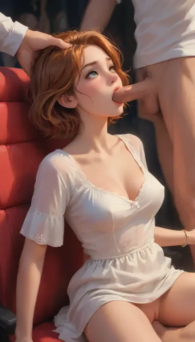 Redhead, short hair, full breasts, wearing a loose dress, fucking with two man, One man is fucking her pussy, while another is deepthroating her in a dimly lit movie theater, whole body visible, She loves it, people watching, man's, erect penis, sex, 1 girl, realistic penetration, 2 guys, deepthroat, vaginal score_9, score_8_up, score_7_up, score_6_up, (j_cartoon:1.5), Drawing, <lora:samdoesarts1.1-000030:.4>, <lora:J_cartoon:.4>, <lora:Animated_Concept:.4>