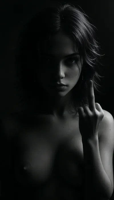 (masterpiece, best quality, photorealistic), (black and white only:2), (dramatic focused lighting:1.5), (realistic shading:1.5), (intimate atmosphere:1.3), "A nude woman stands facing forward, one hand gripping her bare breast firmly, the other raised in calm defiance with her, (middle finger:1.3), extended toward the viewer, messy hair spilling over her shoulders, soft muted light tracing the tension of her body, her expression silent, fearless, sacred in monochrome breath.", <lora:ral-chrosc-bw:1.5>, <lora:dark:.5>