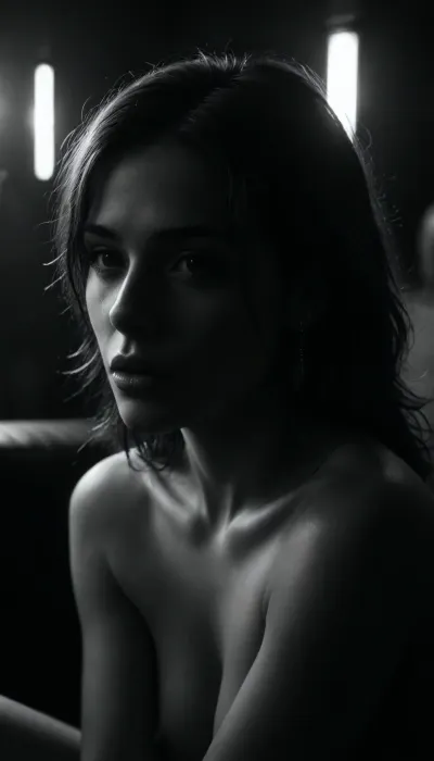 (masterpiece, best quality, photorealistic), (black and white only:2), (dramatic faded lighting:1.5), (realistic shading:1.5), (intimate dark atmosphere:1.3), A beautiful nude brunette is sitting at the cinema drink straw in her mouth watching an old silent movie on the projector in front of her, <lora:ral-chrosc-bw:1.2>, <lora:dark:.4>