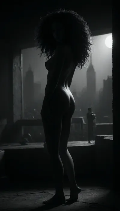 (masterpiece, best quality, photorealistic), (black and white only:2), (dramatic muted lighting:1.5), (realistic shading:1.5), a nude woman standing barefoot on the rooftop edge of an abandoned city building, arms relaxed loosely at her sides, posture upright and calm, her body illuminated softly by muted overhead light, messy hair drifting in the soft night breeze, her expression unreadable yet commanding, powerful slim figure standing alone against the blurred infinite cityscape, background fading into sacred blackness, atmosphere silent, breathless, sacred., <lora:ral-chrosc-bw:1.2>, <lora:dark:.5>