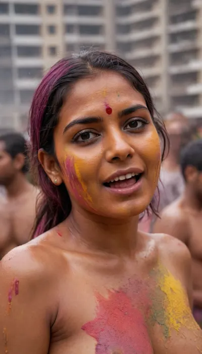 Fully naked Bengali hot wife enormous boobs, wet body, wet hair, clean shaved pussy, oily body, fully covered in colours, seductively playing Holi in the crowded high rise housing compound, show the high rise buildings in background, show the colour covered people around her playing holi, standing among the crowd on the housing complex ground, her entire body covered in colour, her entire face covered in colour, fully drenched wet, hair covered in colourful dust