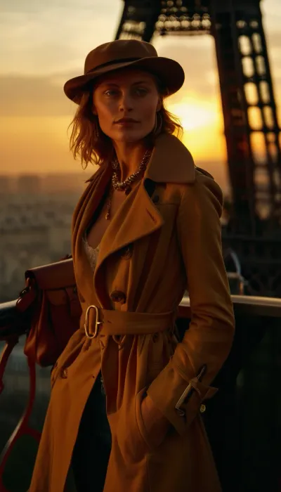 French woman, sexual woman, sexy pose, erotic, standing on the observation deck of the Eiffel Tower, sunset, fashionable clothing, chic Parisian style, beret, elegant trench coat, silk scarf, stylish handbag, slim jeans, ankle boots, minimalistic jewelry, warm lighting, soft pastel colors, cinematic atmosphere, stylish and refined, <lora:MJ52:1>
