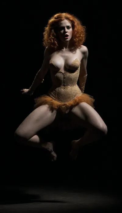Young girl opera singer Kristina, her orange hair is tied up in a bun, with a tiara on her head, she stands in a chic Victorian-era dress on the stage of the La Scala Grand Opera House, hands in long lace gloves, medium breasts, pale skin, bright makeup, gracefully spreading her arms to the sides, she sings with her mouth wide open, and at this time Kristina's is fucked from behind by Phantom of Opera, viewer does not see the ghost himself, only next to Kristina, a golden mask appears behind her back, bliss on Kristina's face, she dress is pulled up, as if the hems were lifted by the wind, Kristina herself gracefully hovers not high in the air above the stage, with her legs apart and wide knees apart, she is without panties, the viewer can see her vagina, hairy pubis and part of her stomach, sees pale skin, Kristina's bare legs, stilettos, her hairy pubis, naked pussy, a gaping hole in her vagina, as if a huge thick penis had penetrated Kristina, spreading her knees, seems that Christina is hanging on a ghost's penis, dress pulled up, knees spread, sex with a ghost, golden half mask behind Kristina's back, gaping vagina hole, candles, brutal porn, mysticism, realistic image in UHD, 8K format, Deep view of the stage, viewer see from the audience from below and afar, (Victorian-era dress:1.5), ((golden mask)), ((bliss:1.8)), (orange hairy bush pubic:1.5), (orange hairy bushy pubic:1.5), (face and vagina focus), (without panties), (wide apart hips:1.7), (wide apart knees:1.7), (gaping vagina hole huge), (flying in the air with her knees wide apart), (floating in the air with her knees wide apart:1.5), LiminalSpace, huge, <lora:dark:.9>, <lora:LiminalSpace:.8>