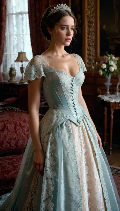 Victorian lady, 25yo, exquisite long Victorian dress, lace detail, full length, (one rectangular section of the front of her dress is missing, covered by clear transparent plastic), showing her small tits, . Good face. She looks embarrassed, ashamed, unsure. Sumptuous Victorian drawing room.