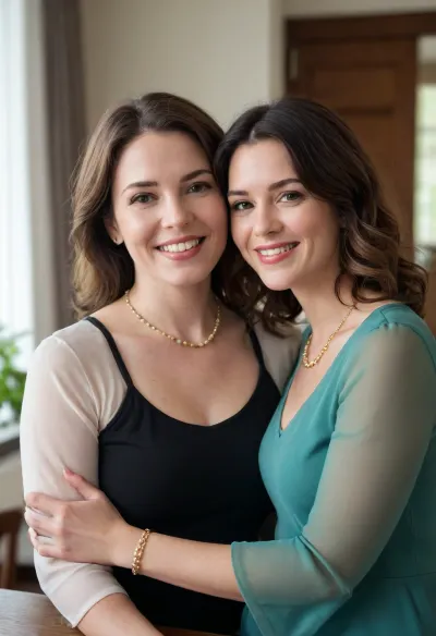 A high-resolution, realistic photograph captures two cheerful women, appearing to be in their 50s, standing close together and smiling warmly at the camera. The woman on the left has shoulder-length, dark brown hair with subtle highlights, and her smile reveals her upper teeth. She is wearing a black top with a delicate, multi-strand necklace featuring small, light-colored beads. A white beaded bracelet adorns her left wrist, which rests gently on a wooden surface. Her complexion appears fair with a rosy undertone, and her makeup includes eyeliner and lipstick.
The woman on the right has medium-length, wavy brown hair and a similarly radiant smile. She is wearing a light cream-colored, long-sleeved blouse with sheer, bell-shaped sleeves that have cutouts at the shoulders. A delicate gold necklace hangs around her neck. Her complexion also appears fair, and she is wearing makeup that accentuates her eyes and lips.
Both women have a somewhat chubby build and exude a sense of joy and camaraderie. The background is softly blurred, suggesting an indoor setting, possibly a social gathering, with other people and indistinct elements visible. The lighting is warm and even, highlighting the subjects' happy expressions.
Prompt, A realistic, high-resolution photograph of two cheerful women in their 50s with chubby builds, smiling at the camera. The woman on the left has shoulder-length dark brown highlighted hair, is wearing a black top and a multi-strand light-colored beaded necklace and a white beaded bracelet. The woman on the right has medium-length wavy brown hair, wearing a light cream-colored long-sleeved blouse with sheer bell sleeves and shoulder cutouts, and a delicate gold necklace. The background is softly blurred, indicating an indoor social setting. The lighting is warm and even.

They are positioned in front of a large window covered with horizontal brown blinds, slightly ajar, revealing a brightly lit outdoor scene with lush green foliage and glimpses of a light-colored structure or railing. To the left of the frame, a corner of a round table draped with a white tablecloth and a few wooden chairs are visible. The lighting appears to be natural daylight streaming in from the window, casting soft shadows. The overall atmosphere is relaxed and cheerful, suggesting a casual gathering or celebration. The image should be high resolution with realistic skin tones, fabric textures, and environmental details.