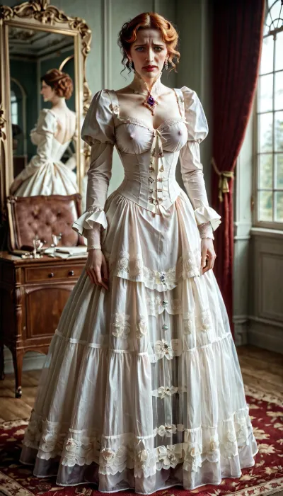 Victorian lady, 25yo, exquisite long Victorian dress, lace detail, full length, (one rectangular section of the front of her dress is missing, covered by clear transparent plastic), showing her small tits, . Good face. She looks embarrassed, ashamed, unsure. Sumptuous Victorian drawing room.