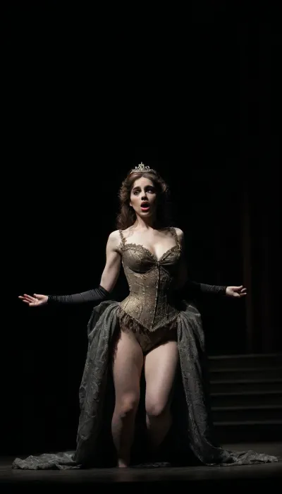 Young girl opera singer Kristina, her wavy hair is tied up in a bun, with a tiara on her head, she stands in a chic Victorian-era dress on the stage of the La Scala Grand Opera House, hands in long lace gloves, medium breasts, pale skin, bright makeup, gracefully spreading her arms to the sides, she sings with her mouth wide open, and at this time Kristina's is fucked from behind by Phantom of Opera, viewer does not see the ghost himself, only next to Kristina, a golden mask appears behind her back, bliss on Kristina's face, she dress is pulled up, as if the hems were lifted by the wind, Kristina herself gracefully hovers not high in the air above the stage, with her legs apart and wide knees apart, she is without panties, the viewer can see her vagina, hairy pubis and part of her stomach, sees pale skin, Kristina's bare legs, stilettos, her hairy pubis, naked pussy, a gaping hole in her vagina, as if a huge thick penis had penetrated Kristina, spreading her knees, seems that Christina is hanging on a ghost's penis, dress pulled up, knees spread, sex with a ghost, golden half mask behind Kristina's back, gaping vagina hole, candles, brutal porn, mysticism, realistic image in UHD, 8K format, Deep view of the stage, viewer see from the audience from below and afar, (Victorian-era dress:1.5), ((golden mask)), ((bliss:1.8)), (hairy pubic:1.5), (hairy bushy pubic:1.5), (face and vagina focus), (without panties), (wide apart hips:1.7), (wide apart knees:1.7), ((thighs are spread:1.7)), (gaping vagina hole huge), (flying in the air with her knees wide apart), (floating in the air with her knees wide apart:1.5), LiminalSpace, huge, <lora:dark:.9>, <lora:LiminalSpace:.8>