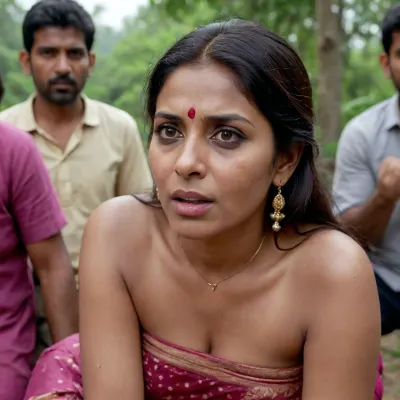 An Indian dusky realistic milf, 50 year old, in a an Indian village, gangbanged by a group of 19 yo Indian cute guys with big cocks. She is crying, humiliated, crying, cum from pussy and ass, double penetration, doggystyle, fucked in pussy and ass, looking at the audience