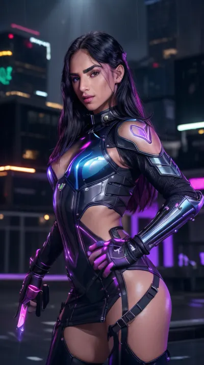 cinematic still, masterpiece, realistic, best quality, 8k, HDR, ultra detailed, photorealistic, perfect anatomy, professional light, cinematic lighting, <lora:GrazyeliSilvaQuiron_v02i04e10t05na64_Lora:1>, grazyelisilvaQuiron woman, 1girl, long hair, White midi dress, flats, and a top-handle bag, In this striking image, a futuristic female bounty hunter stands confidently in a rain-soaked neon cityscape, illuminated by vibrant lights reflecting off slick surfaces. Her long, flowing neon hair, a cascade of electric colors, contrasts against the dark, wet environment. She wears sleek, form-fitting armor that hugs her athletic figure, adorned with glowing circuit patterns that pulse with energy, hinting at advanced technology. The armor is crafted from a glossy, high-tech material that glimmers in the cityâs lights, emphasizing her curves while maintaining a sense of mystery. In her right hand, she wields a glowing, high-tech katana, its blade shimmering with an ethereal light, suggesting both elegance and lethal capability. Her piercing eyes, filled with confidence and determination, draw viewers in, framed by a subtle yet captivating expression. The background features towering skyscrapers adorned with neon signs and holograms, casting a colorful glow that bathes the scene in hues of blue, pink, and purple. Rain cascades down, creating a dynamic atmosphere as droplets catch the light, enhancing the mood of dark fantasy. The composition is a mid-shot, capturing her upper body and the intricate details of her armor and weapon, as well as the vibrant city around her. The lighting is dramatic, with a high contrast between the neon colors and the shadows, creating a sense of depth and intensity. Keywords, futuristic, neon, dark fantasy, portrait, sleek armor, glowing katana, rain-soaked, vibrant cityscape, high-tech, dynamic atmosphere, dramatic lighting, mysterious, stylish., . emotional, harmonious, vignette, highly detailed, high budget, bokeh, cinemascope, moody, epic, gorgeous, film grain, grainy