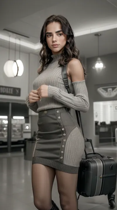 cinematic still, masterpiece, realistic, best quality, 8k, HDR, ultra detailed, photorealistic, perfect anatomy, professional light, cinematic lighting, <lora:GrazyeliSilvaQuiron_v02i04e10t05na64_Lora:1>, <lora:age_slider_v20:-2>, grazyelisilvaQuiron young woman, 1girl, age 18, long hair, Knit sweater, midi skirt, and slingback pumps, Resting against a pile of vintage suitcases, she prepares for a journey of discovery and self-reflection, . emotional, horny, blushing, harmonious, vignette, highly detailed, high budget, bokeh, cinemascope, moody, epic, gorgeous, film grain, grainy