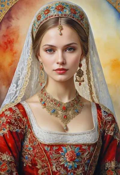 Portrait of a Russian beauty in national costume, lace filigree of bright, rich color. Super clear, highly detailed watercolor, glaze technique, plus colored alcohol ink, style of V. Vasnetsov