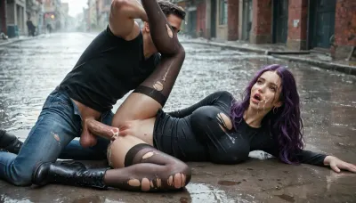 masterpiece, best quality, natural lighting, pretty face, highly detailed realistic face, natural face, perfect eyes, very long legs, medium ass, huge giant breasts, well-built, long straight purple hair, pale skin, shaved pussy, pussy lips exposed, no underwear, (black thigh high nylon stockings), long sleeved tight black shirt, black ankle boots, (wet skin), (wet ripped clothes), full body, dark alleyway, (heavy rain), one woman and one man in picture, woman lying on ground, (lying on her side:1.2), (legs together), legs stretched out, man is kneeling in front of her head, (man feeds his thick cock into her mouth:1.3), blow job, (cum all over face:1.2), (man is wearing his pants), (view from the side)