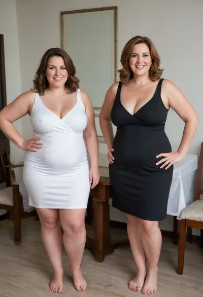 Two obese mature Gilfs, one on the left appearing around 55 years old with long, wavy brown hair featuring subtle auburn highlights, and the other one on the right is around 60 years old with shorter, styled brown hair with highlights, stand a moderate distance apart indoors, each with their hands resting on their hips. The woman on the left is short and fat and in her late 50’s and wears a tight sleeveless flowing black sundress with a deep low cut V-neckline and no bra and hard nipples, while the woman on the right is obese with huge hips and saggy breasts dressed in a tight white sleeveless sundress with a low-cut deep v-neckline, she is not wearing a bra and has sagging cleavage. Both women are smiling directly at the viewer and have light colored eyes and wearing wedding rings on their left ring fingers. The woman on the left has wide hips, with thick thighs, and curvy. The woman on the right is shorter, she is fat and has huge hips, and large sagging breasts.
They are positioned in front of a large window covered with horizontal brown blinds, slightly ajar, revealing a brightly lit outdoor scene. To the left of the frame, a corner of a round table draped with a white tablecloth and a few wooden chairs are visible. The lighting appears to be natural daylight streaming in from the window, casting soft shadows. The overall atmosphere is relaxed and cheerful, suggesting a casual gathering or celebration. The image should be high resolution with realistic skin tones, fabric textures, and environmental details. They both have hard nipples., bottomheavy, big, ass, huge, gigantic, thick, thighs, massive, <lora:bottomheavy_v1_sdxl_tags:.8>