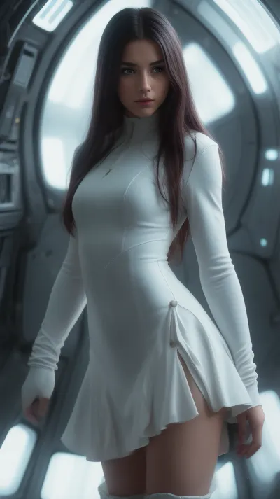 cinematic still, masterpiece, realistic, best quality, 8k, HDR, full colour, ultra detailed, photorealistic, perfect anatomy, professional light, cinematic lighting, <lora:GrazyeliSilvaQuiron_v02i04e10t05na64_Lora:2>, <lora:age_slider_v20:-2>, grazyelisilvaQuiron young woman, 1girl, age 18, long hair, emotional, horny, blushing, harmonious, vignette, highly detailed, high budget, bokeh, cinemascope, moody, epic, gorgeous, film grain, grainy., A fantastic picture, White space dress, knee-high boots, short dress, Tight-fitting dress, In a spaceship, <lora:cfg_scale_boost:.5>, <lora:M_niji_XL:.5>