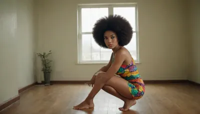 60ies style photo shoot environment. an ebony woman with a afro hairstyle is squatting. she is wearing a 60ies style colorful seethrough short dress. no underwear. explicit, vagina