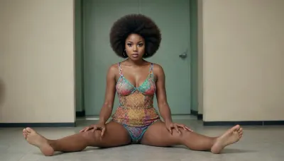 60ies style photo shoot environment. a very dark skinned ebony woman with an afro hairstyle is squatting with her open legs facing the camera. her vagina is clearly visible. she is wearing a 60ies style colorful see-through thin short dress. no underwear. no panties. no bra. explicit, vagina