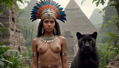 a dark skinned aztec princess woman is standing in the jungle in front of ancient pyramids. next to her is a black panther. her hand is resting on the panthers head. elaborate facial paint. she is wearing an elaborate headpiece with long colorful feathers. no slip. no pants. no bra. explicit, vagina, godpussy, <lora:SDXL_GodPussy_v1:.8>
