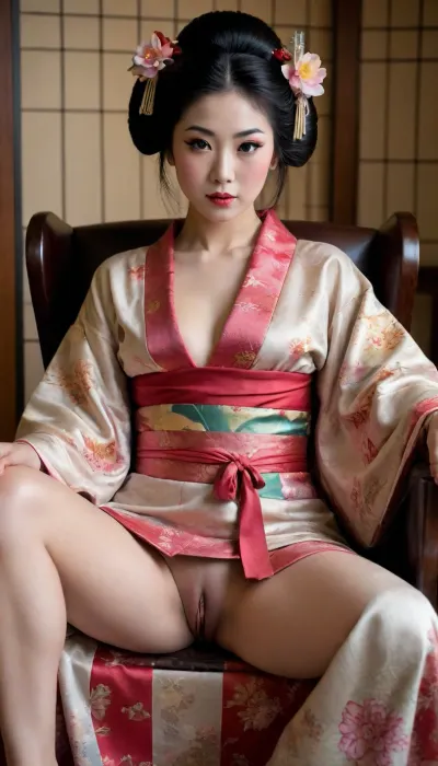 a japanese geisha sitting in an armchair with her legs spread open. her kimono has slided down one of her shoulders, revealing her breast. vagina. explicit.