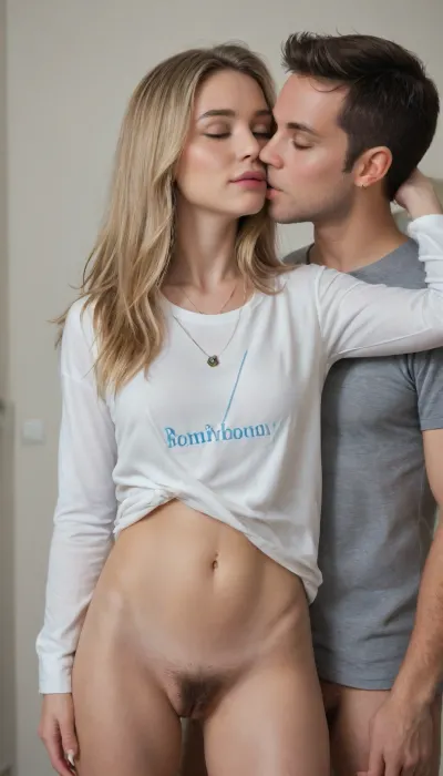 19 yo, ((Norwegian girl)), and, ((((her handsome boyfriend)))), . She is cute, slender, not so tall., The face has a soft, oval shape with smooth, youthful skin and delicate features. The long hair is thick, and wavy, tussled, with very light, almost platinum blonde strands near the front that blend into a warmer golden blonde toward the ends. It is loosely pulled back behind the ears, with a few free strands framing the face naturally. The eyes are light green or hazel, almond-shaped, and bright, framed by medium-thick, slightly arched eyebrows that are darker than the hair. The nose is straight and slender, with a soft bridge and a gently rounded tip. The mouth features full, softly curved lips in a natural pink tone, shaped into a relaxed, closed-lip smile that conveys friendliness and warmth. The skin tone is fair and radiant, with a natural rosy flush across the cheeks and nose, giving a fresh, clean appearance. Small blue gemstone stud earrings and a delicate necklace with a cursive name pendant add subtle detail. The expression is happy, warm, inviting, and playful, with the head tilted slightly to one side for an approachable and relaxed look. The, long, hair, dynamic, Best quality., (((She is wearing an only a shirt. Bottomless. No pants. No panties. Her hairy vagina is visible.))), Her hairy vagina is the center of the image, she is facing forward, . She is in her bedroom. Break. Her, ((((handsome boyfriend is standing behind her kissing her neck)))), and feeling her body from behind her back. The man’s eyes are closed . He has short hair., his expression is happy and aroused., he has a slight unshaven face., <lora:verylonghairv2:.6>