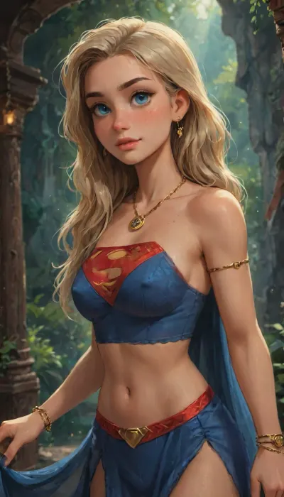 Ultra detailing, Chainsaw Man style, walking on a lost tropical island, (Milly Alcock as Supergirl), perfect anatomy, (Supergirl age 26 from DC Comics), cute lustful smile, (Supergirl is a platinum-blonde hair, bright-blue-eyed young woman with a rather thin skinny voluptuous-yet-lean built figure), wearing intricate elegant Indian Punjabi design saree and a deep neck blouse and that beautifully reveals her cleavage and navel visible, nipples slightly visible, thick, curvy inner thighs completely visible, legs spread open, saree slightly lifted above thighs, with a thin an long necklace is made of gold and has a long chain with black and gold beads. The beads are arranged in a repeating pattern, with the largest bead at the bottom and the smallest at the top. In the center of the necklace, there is a pendant with a design in the shape of a Superman Logo symbol, The pendant is attached to the chain with a gold clasp. The overall style of the jewelry is traditional and elegant, the lady is adorned with a striking thin golden chain around her hips. She has a small red bindi on her between her eyebrows and green colored glass bangles on her wrist, viewer is restrained, perfect body, accurate body, perfect ass, Detailed face, detailed body, seducing, Facing viewer, Blushing, Supergirl teasing, Frontal Pose, Expressive Pose, Dynamic Balance, highlydetailedbody, realisticface, highlydetailedhair, insanelydetailed, 8K.highdetailedskin, highresolution, perfectfingers, (j_cartoon:1.5), Drawing, <lora:detailed_notrigger:1>, Milly1Alcock101, <lora:1514868_training_data:2>, <lora:samdoesarts1.1-000030:.4>, <lora:J_cartoon:.3>, <lora:Animated_Concept:.4>
