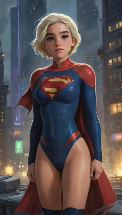 (masterpiece, best quality, absurdres), 1girl, solo, cowboy shot, happy emotion, cute smile, platinum blonde hair, bright glowing green eyes, beautiful age 26 supermodel female, looking at viewer, hands on hips, glowing, intricate Supergirl red blue gold outfit, muscular body, athletic body, voluptuous body, skinny body, thin body, hourglass body, thick body, washboard abs, outdoors, hovering above a Futuristic Cyberpunk Metropolis City The Daily Planet Building below, night, on rooftop, highlydetailedbody, realisticface, highlydetailedhair, insanelydetailed, 8K.highdetailedskin, highresolution, perfectfingers, (j_cartoon:1.5), Drawing., DCEU, Supergirl, rha3, woman, saree, targaryan, <lora:rhaenyra young - rha3 woman sdxl:1>, <lora:Supergirl:.5>, <lora:samdoesarts1.1-000030:.4>, <lora:J_cartoon:.3>, <lora:Animated_Concept:.4>