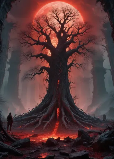 fantasy apocalypse, dark dystopian world, ruined ancient city overgrown with roots and crystals, blood-red sky with ominous black clouds, glowing magical runes on cracked ground, group of survivors in tattered cloaks and bone armor, shadowy creatures and mutated beasts roaming the ruins, massive otherworldly portal leaking dark energy, ethereal ghosts floating in the air, dark forest with bone-like trees and glowing veins, cinematic lighting, high detail, dark fantasy aesthetic, death symbolism, contrast of light and shadow