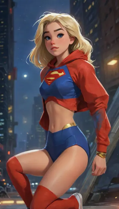 (masterpiece, best quality, absurdres), 1girl, solo, cowboy shot, happy emotion, cute smile, long platinum blonde hair, bright glowing green eyes, beautiful mature age 26 supermodel female, perfect anatomy, looking at viewer, hands on hips, glowing, (wearing a intricate Supergirl design red blue gold cropped gym style hoodie with sports tracksorts and thigh high socks with converse sneakers outfit:1.5), muscular body, athletic body, voluptuous body, skinny body, thin body, hourglass body, thick body, washboard abs, outdoors, hovering above a Futuristic Cyberpunk Metropolis City The Daily Planet Building below, night, (moon floating pose:1), highlydetailedbody, realisticface, highlydetailedhair, insanelydetailed, 8K.highdetailedskin, highresolution, perfectfingers, (j_cartoon:1.5), Drawing., DCEU, Supergirl, rha3, woman, targaryan, <lora:rhaenyra young - rha3 woman sdxl:1>, <lora:Supergirl:.2>, <lora:samdoesarts1.1-000030:.4>, <lora:J_cartoon:.3>, <lora:Animated_Concept:.4>