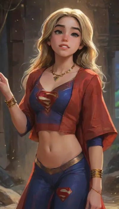 (masterpiece, best quality, absurdres), 1girl, solo, cowboy shot, happy emotion, cute smile, long platinum blonde hair, bright glowing green eyes, beautiful mature age 26 supermodel female, perfect anatomy, looking at viewer, hands on hips, glowing, (wearing a intricate sexy Supergirl design red blue gold elegant Indian Punjabi design saree and a deep neck blouse and that beautifully reveals her cleavage and navel visible, nipples slightly visible, thick, curvy inner thighs completely visible, legs spread open, saree slightly lifted above thighs, with a thin an long necklace is made of gold and has a long chain with black and gold beads. The beads are arranged in a repeating pattern, with the largest bead at the bottom and the smallest at the top. In the center of the necklace, there is a pendant with a design in the shape of a Superman Logo symbol, The pendant is attached to the chain with a gold clasp. The overall style of the jewelry is traditional and elegant, adorned with a striking thin golden chain around her hips. She has a small red bindi on her between her eyebrows and green colored glass bangles on her wrist, outfit:1.7), muscular body, athletic body, voluptuous body, skinny body, thin body, hourglass body, thick body, washboard abs, outdoors, hovering above a Futuristic Cyberpunk Metropolis City The Daily Planet Building below, night, (no gravity floating pose:1), highlydetailedbody, realisticface, highlydetailedhair, insanelydetailed, 8K.highdetailedskin, highresolution, perfectfingers, (j_cartoon:1.5), Drawing., DCEU, Supergirl, rha3, woman, targaryan, <lora:rhaenyra young - rha3 woman sdxl:1>, <lora:Supergirl:.5>, <lora:samdoesarts1.1-000030:.4>, <lora:J_cartoon:.3>, <lora:Animated_Concept:.4>