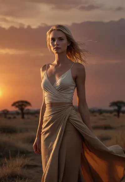 20 years old slender woman, blonde hair, tanned skin, wrapped top, long skirt, african Savannah, sunset, (photorealistic, highly detailed, UHD, 4K, 8K)