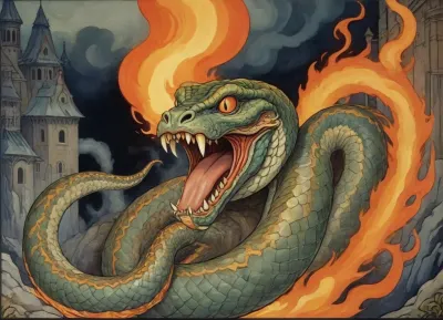 a terrible, vicious, three-headed snake gorynych, spewing flames and smoke from his mouth, in the style of Bilibin's painting, Style, page, style, of, Ivan, Bilibin, <lora:Ivan Bilibin Style:.8>, <lora:tbh166-sdxl:.8>